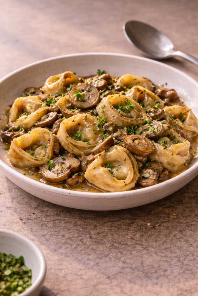 Easy mushroom tortelloni made for a quick, comforting lunch or dinner without extra effort
