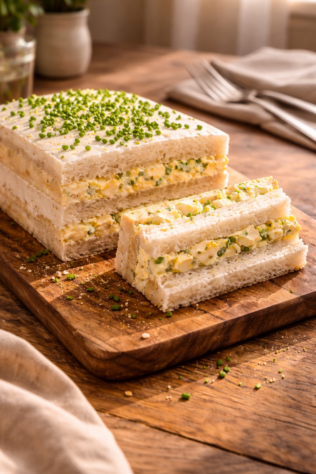 No-bake sandwich cake with egg spread served as an easy make-ahead meal with an interesting presentation.