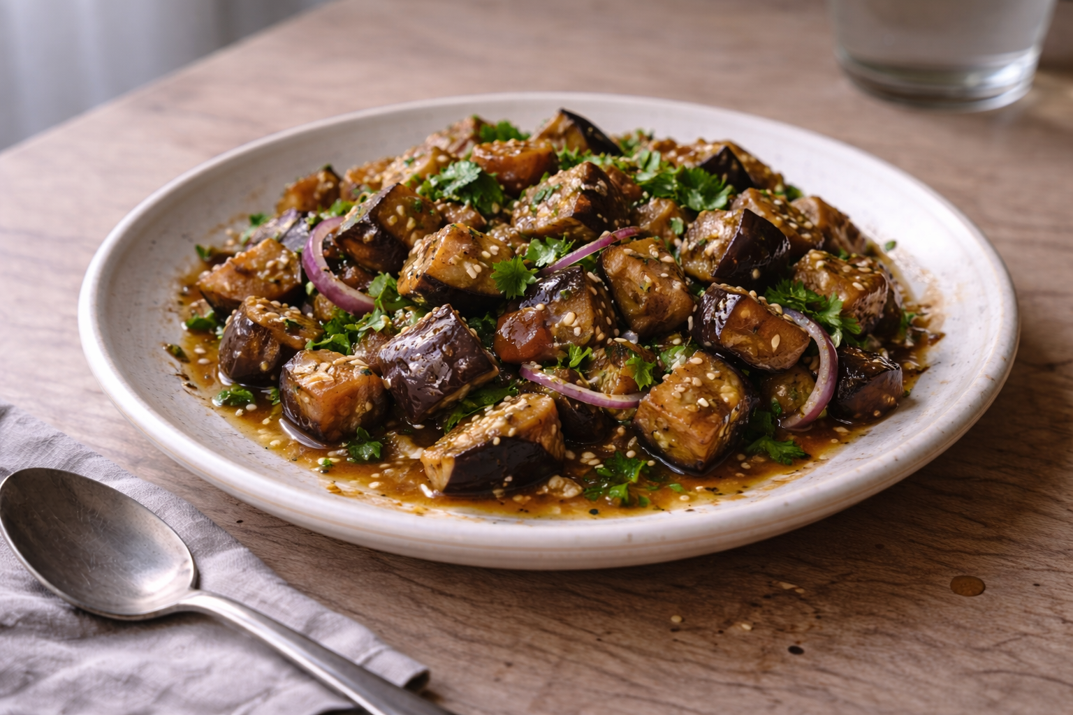 Oriental eggplant salad served as a flavorful vegetable dish with deep savory taste