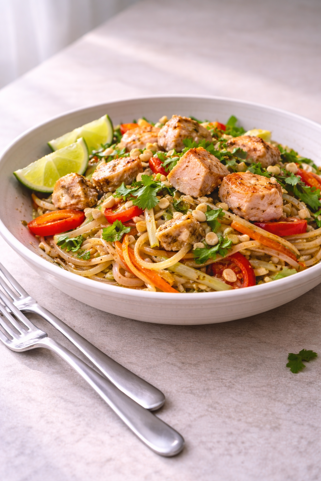 Pad Thai with roasted salmon and vegetables made as a balanced, flavorful dinner at home