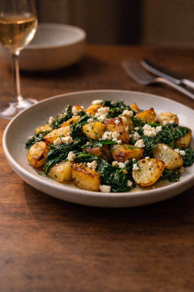 Pan-fried potatoes with spinach and feta prepared quickly for an easy, satisfying dinner