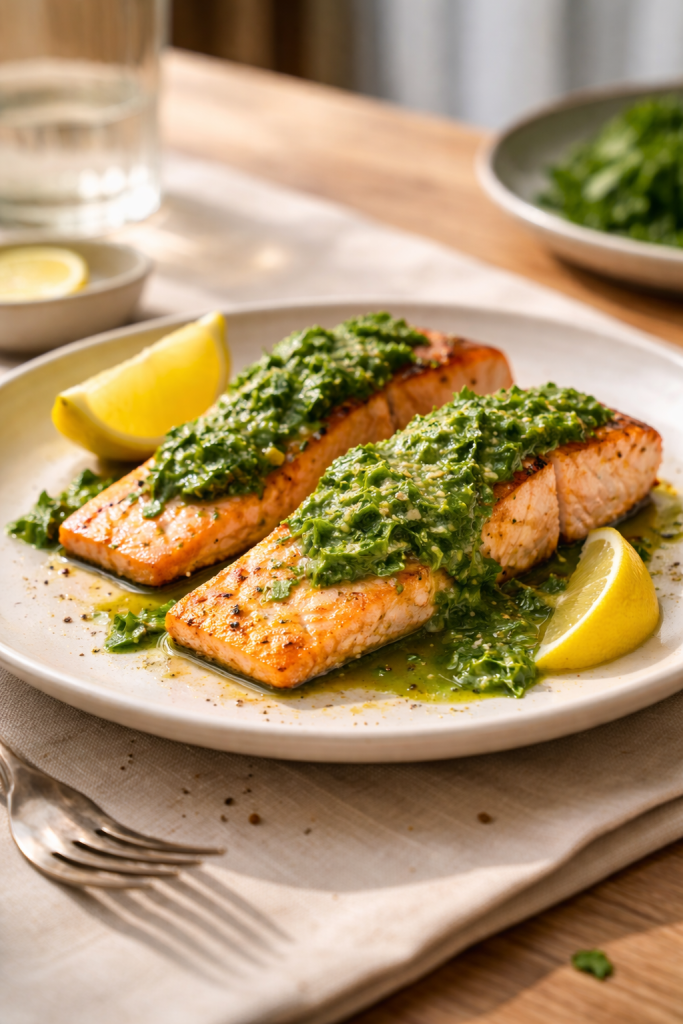 Pan-seared salmon with fresh arugula sauce for an easy dinner that works the next day