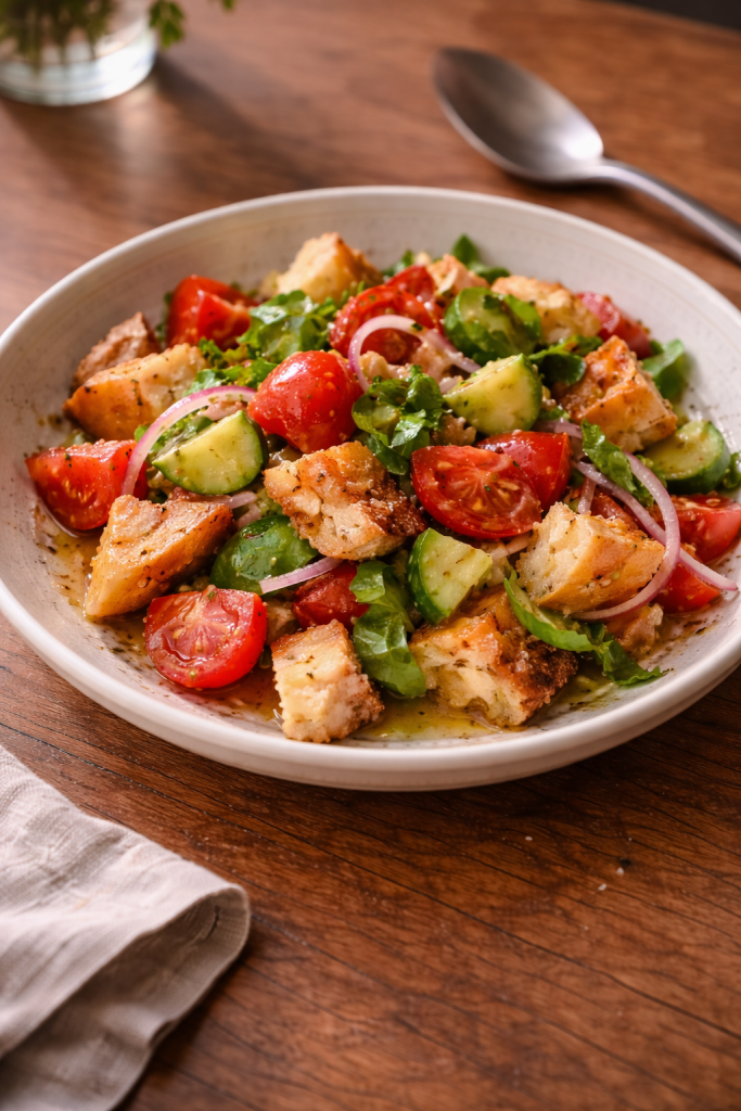 Panzanella style bread salad made with tomatoes and stale bread for a quick, no-cook meal