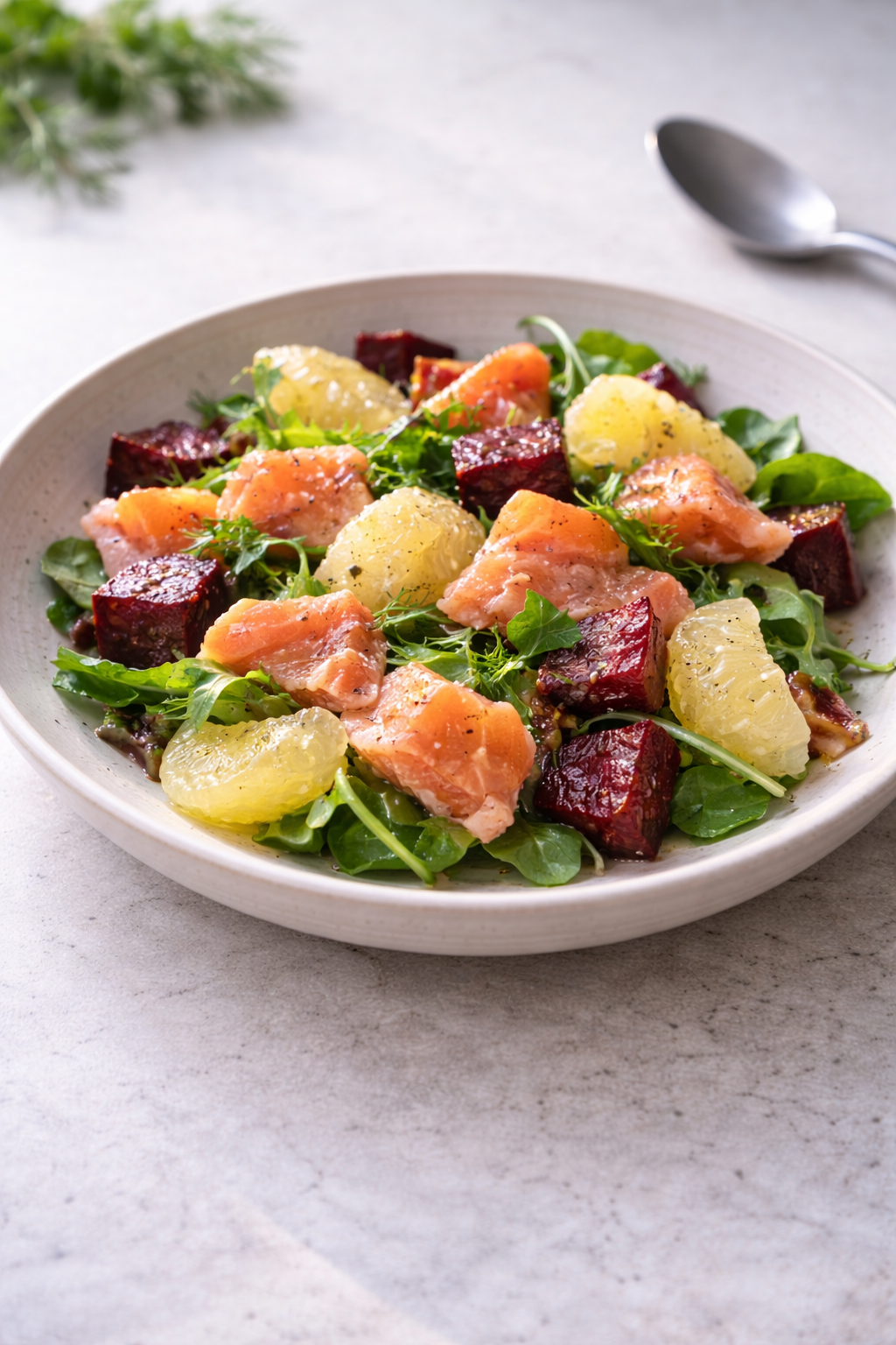 Light pomelo, beetroot and salmon salad prepared quickly for an easy, refreshing meal