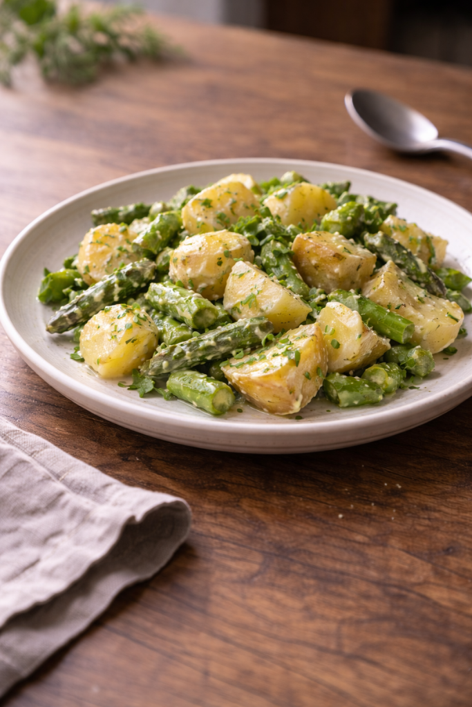 Potato and asparagus salad with lime mayo prepared quickly for an easy, creamy meal