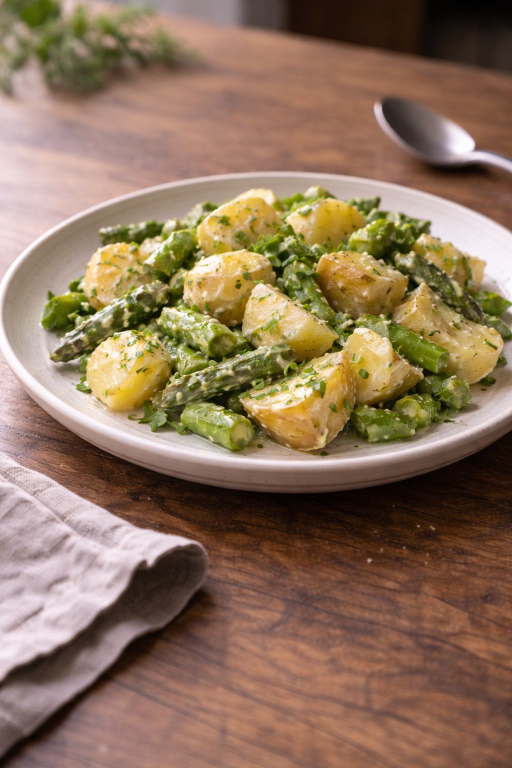 Potato and asparagus salad with lime mayo prepared quickly for an easy, creamy meal
