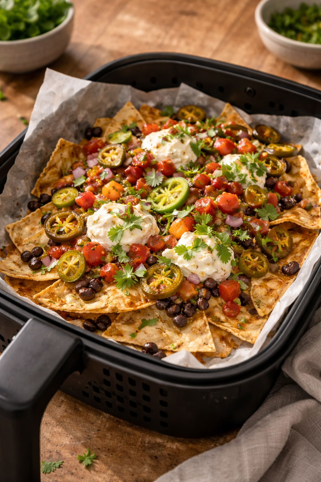 Quick air fryer nachos with melted cheese and toppings for a fast snack dinner