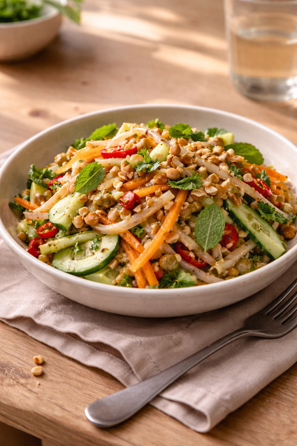 Quick banana blossom salad with herbs and lime for a light meal