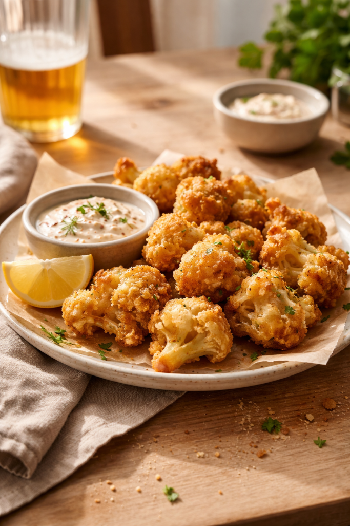 Quick crispy beer-battered cauliflower bites on a plate for an easy snack dinner