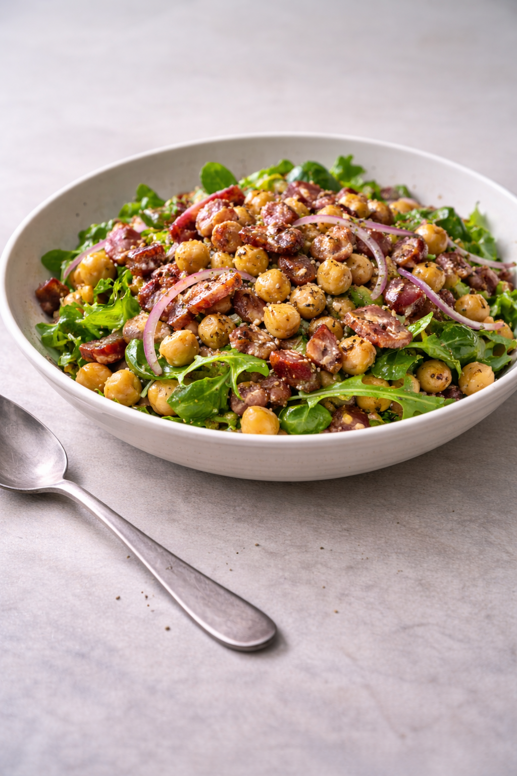 Quick chickpea and bacon salad made as a filling, fast dinner using simple pantry ingredients