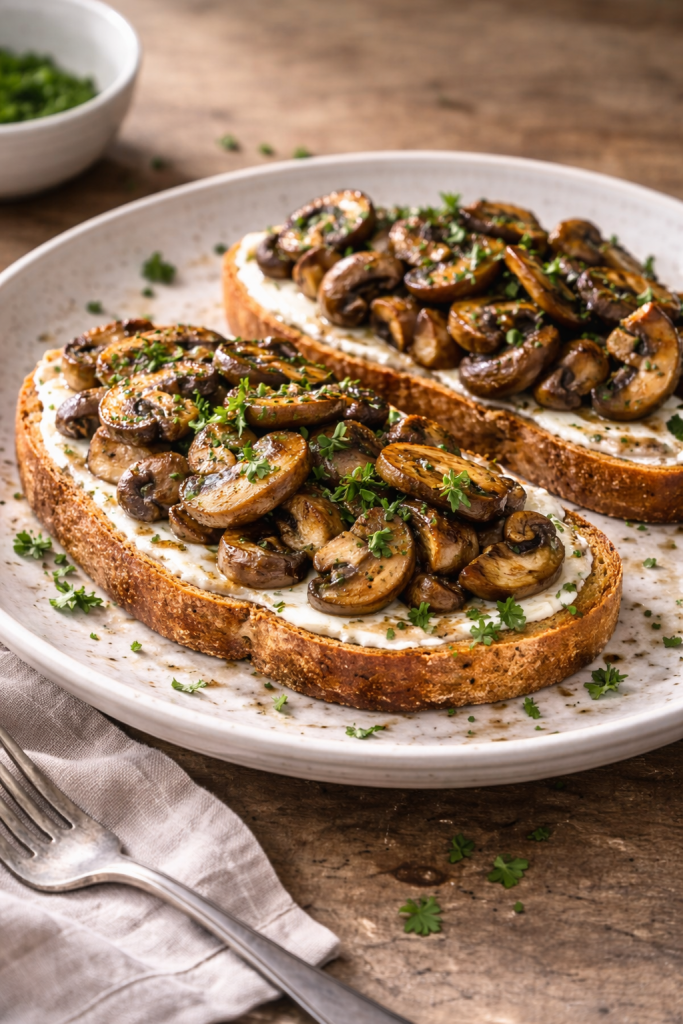 Quick mushrooms on toast with creamy spread for an easy lunch or dinner