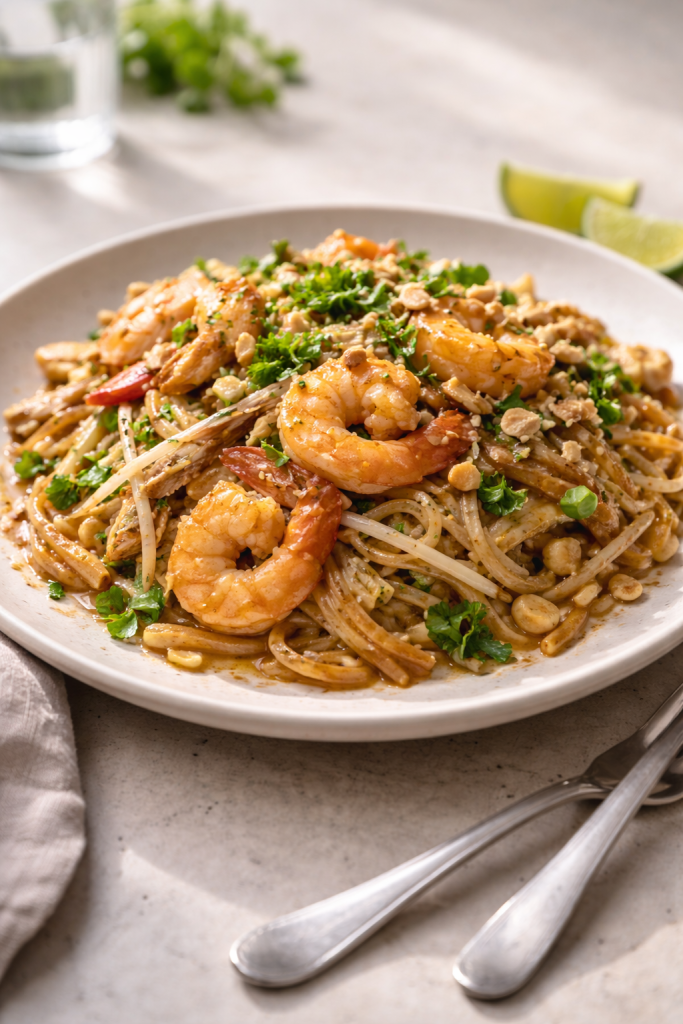 quick shrimp Pad Thai with rich bold flavors and crunchy toppings