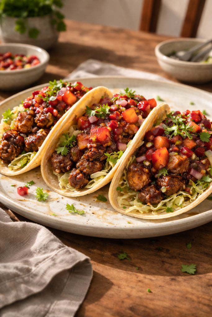 Quick sticky pork tacos topped with fresh plum chili salsa for a weeknight dinner