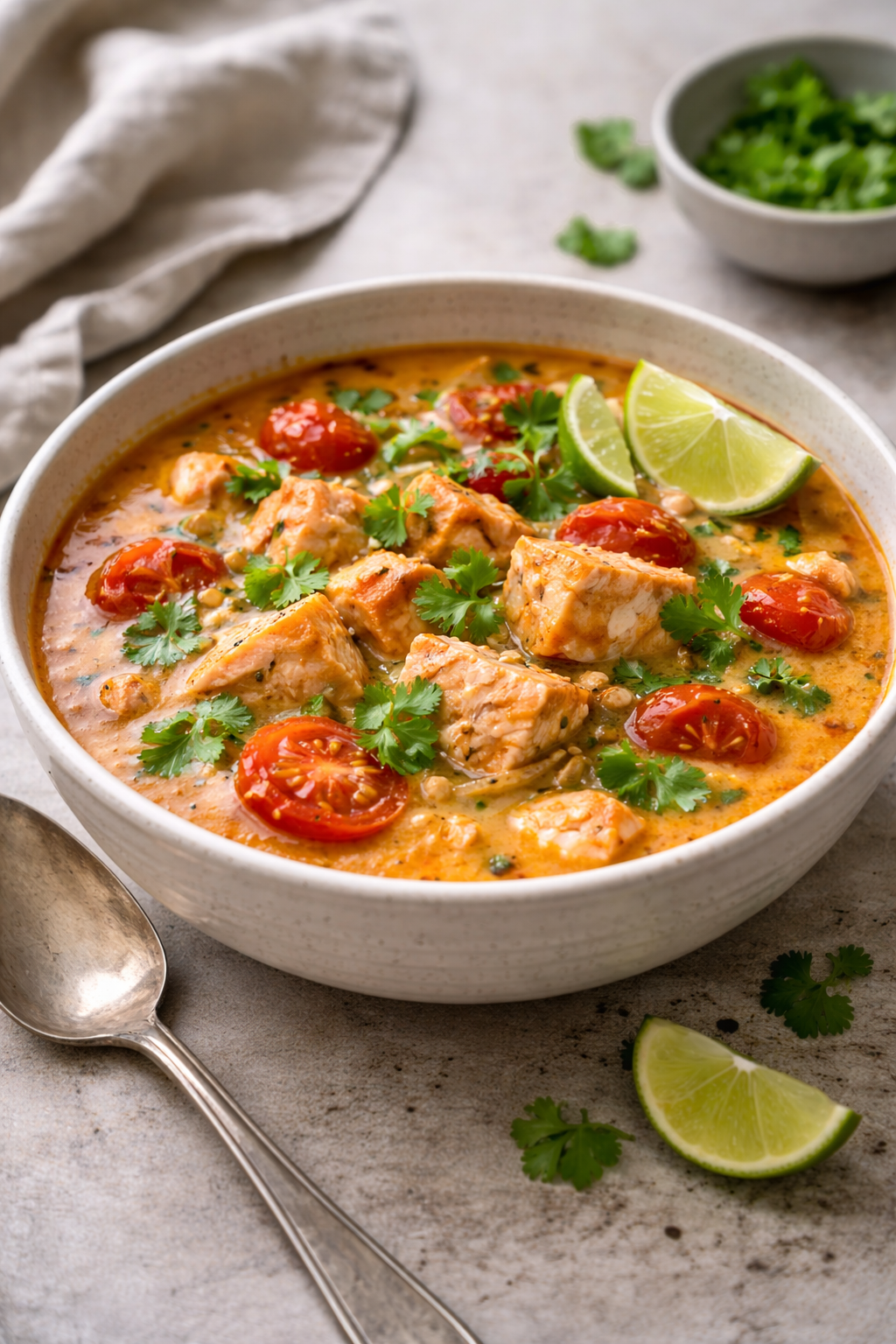 quick Thai tomato soup with roasted salmon served as a filling dinner