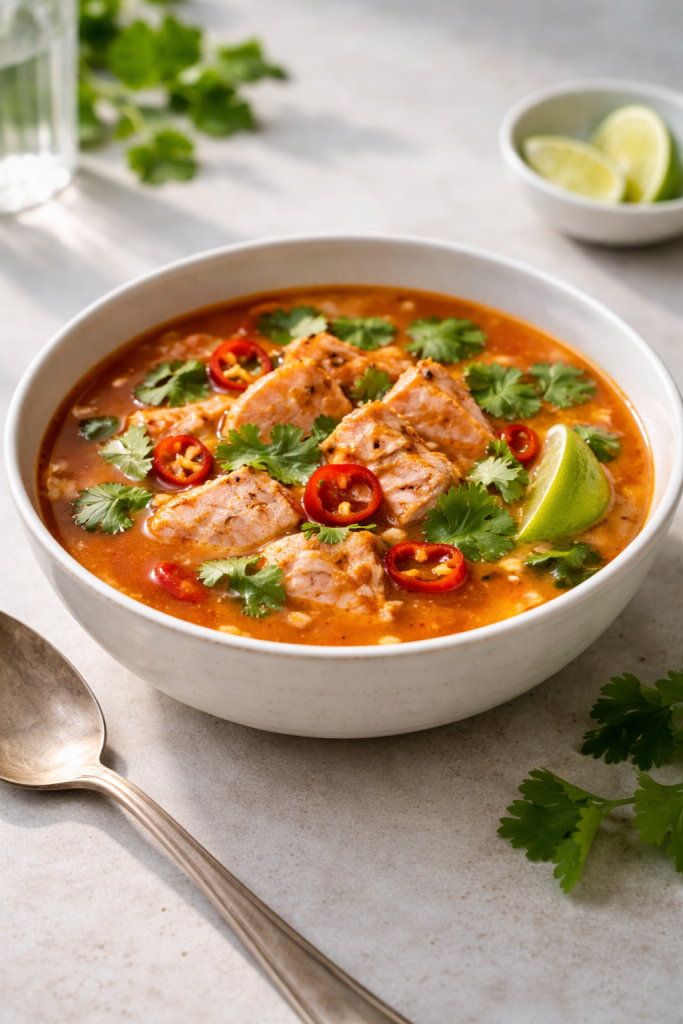 Quick Thai-style tomato soup with roasted salmon for a fast, calming weeknight dinner