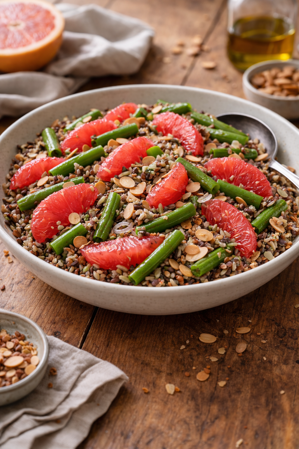 quick wild rice salad with grapefruit and toasted almonds for easy dinner