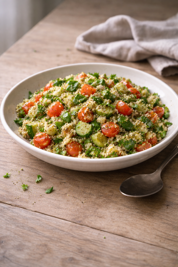 Quinoa tabbouleh with fresh herbs and lemon made for a flavorful, light meal that works for dinner or lunch
