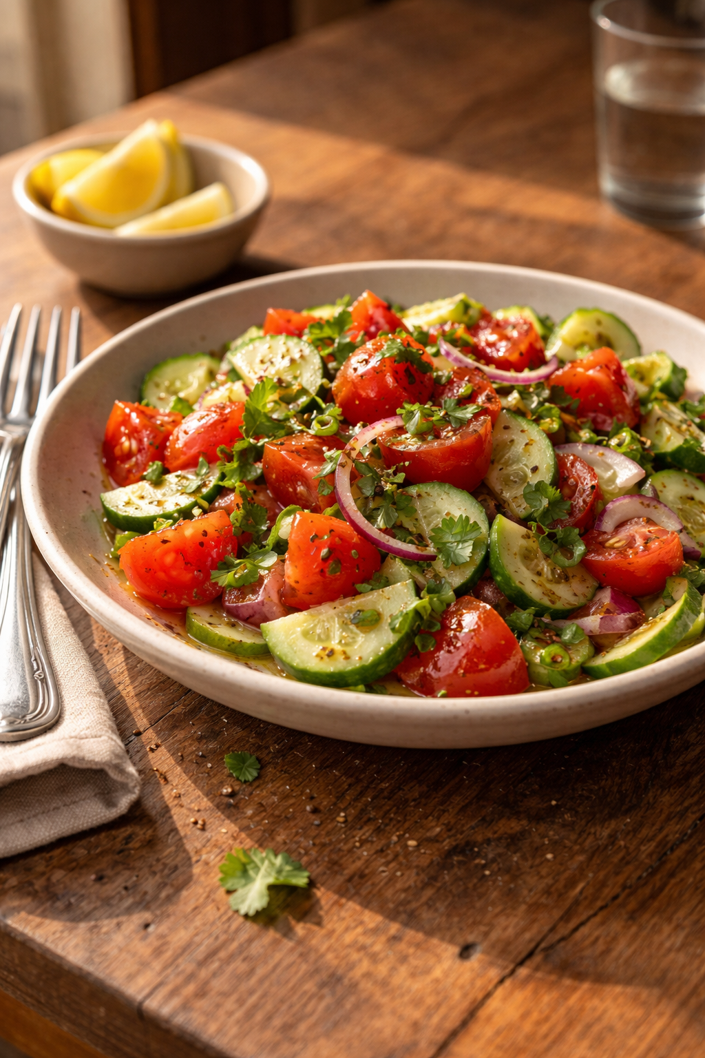 Refreshing tomato and cucumber salad made without cooking for a quick, cooling meal on a hot day