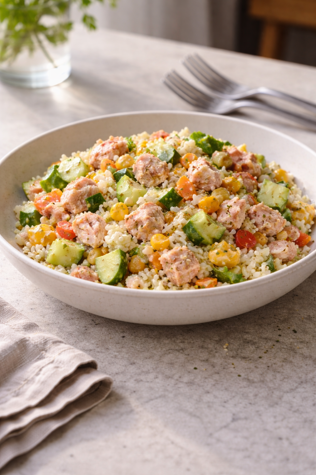 Rice and tuna salad made from pantry staples, served as a quick and filling homemade lunch.