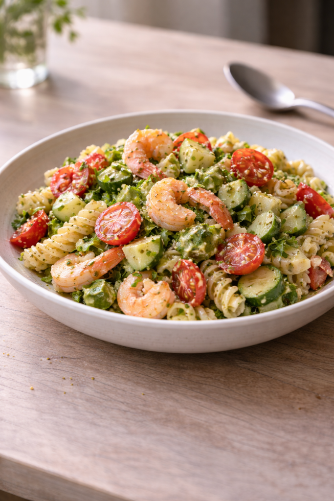 Shrimp pasta salad served as a quick and easy meal for a busy day