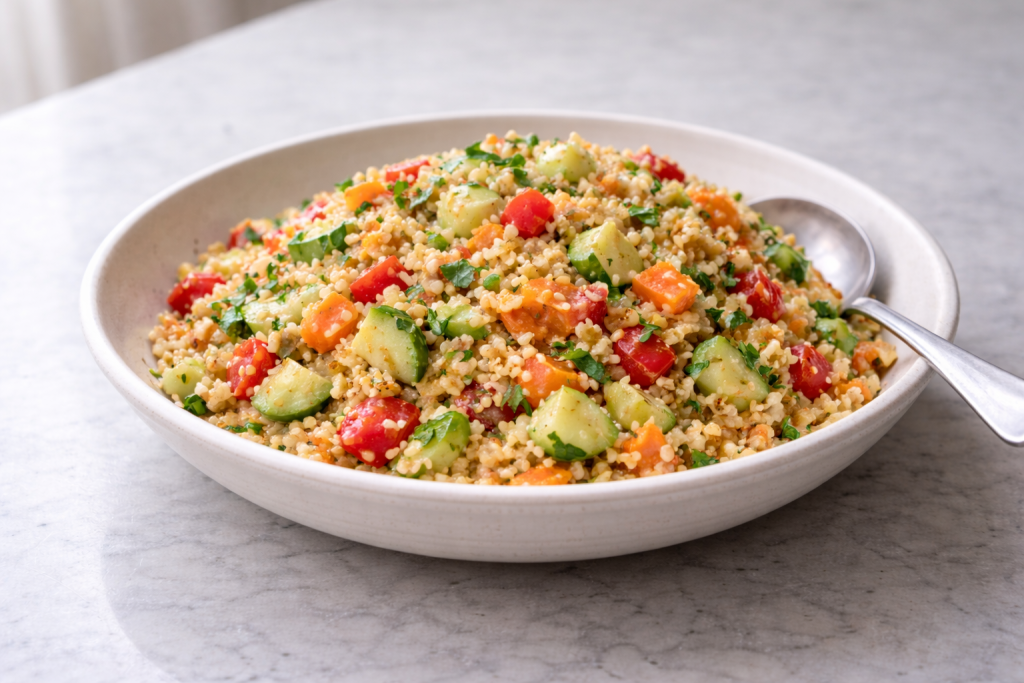 Simple couscous salad with vegetables prepared as an easy, low-effort meal