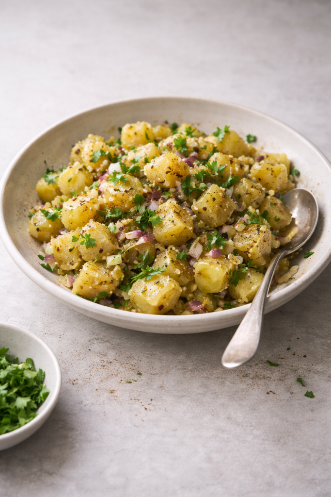 Simple Middle Eastern–style potato salad made with few ingredients for a quick, low-effort dinner or next-day meal