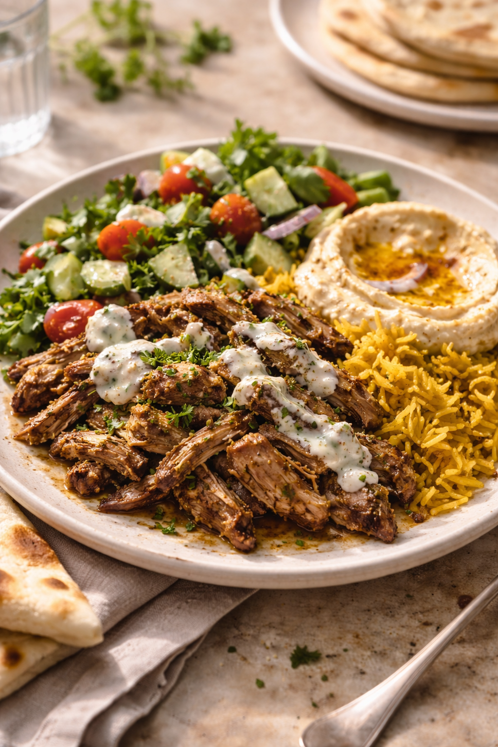 slow-cooked lamb shawarma plate with tender melt-in-your-mouth meat and sides