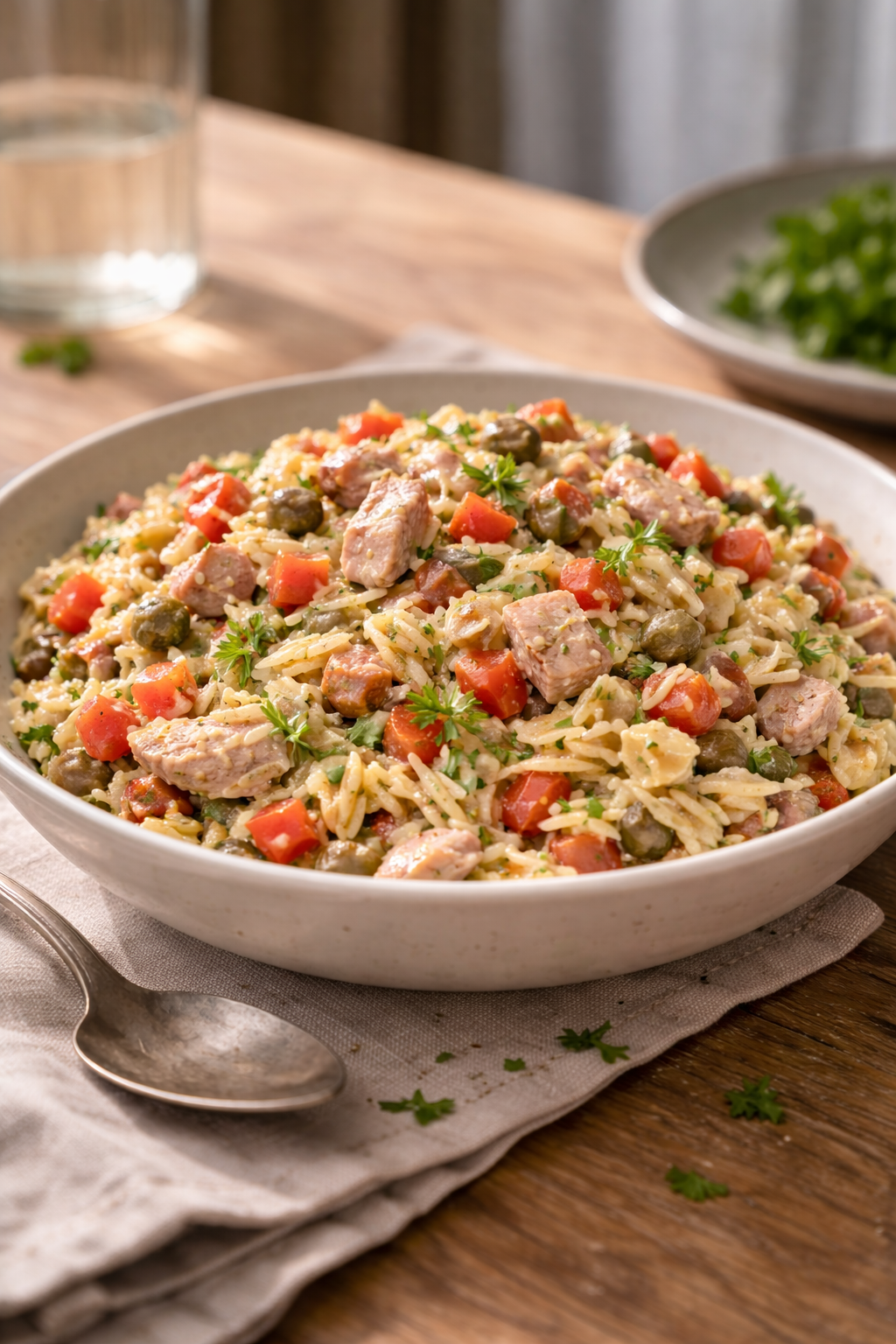 Smoked tuna and orzo pasta salad made fast as a filling lunch or dinner