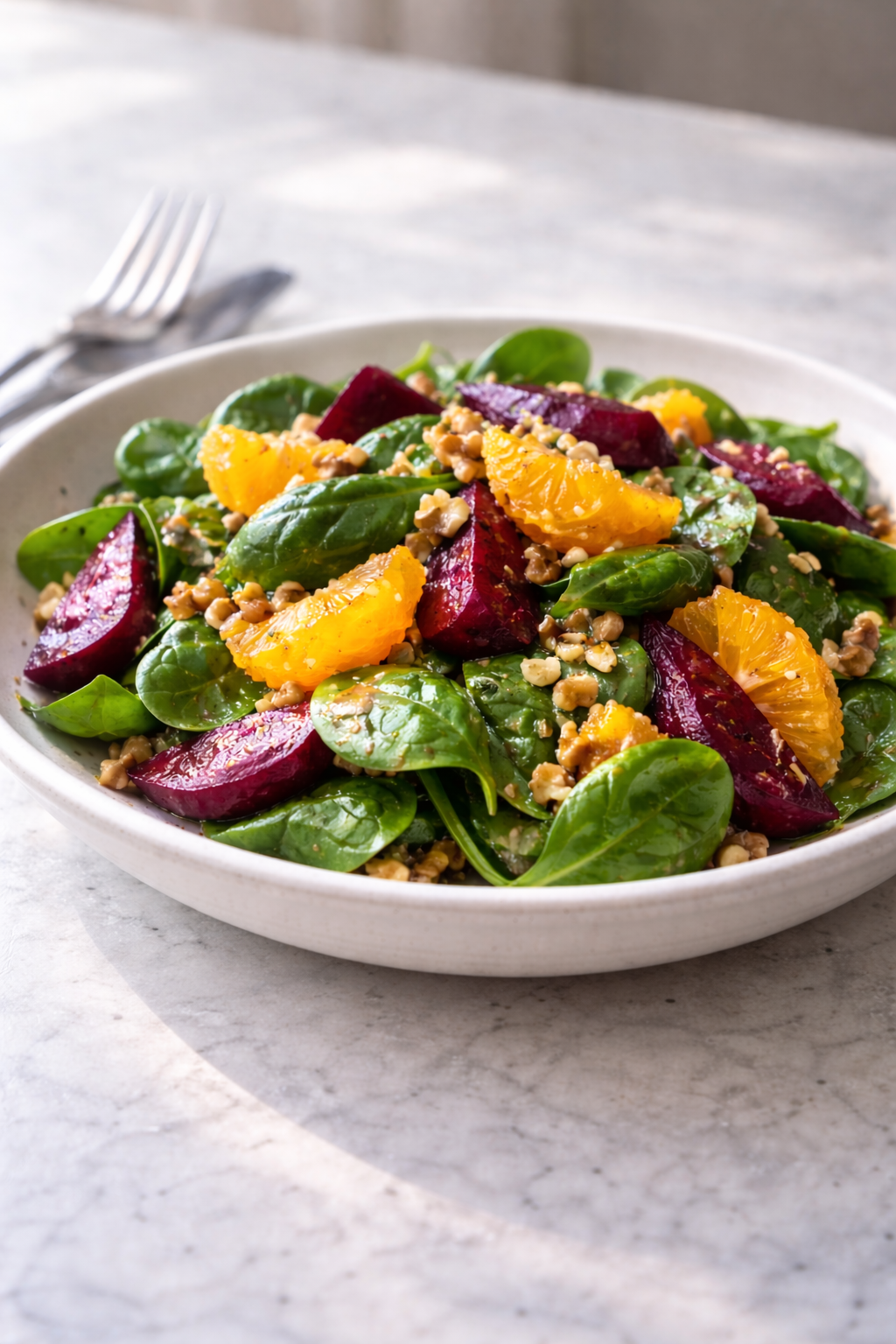 Spinach beet and orange salad prepared as a quick dinner that balances earthy and fresh flavors
