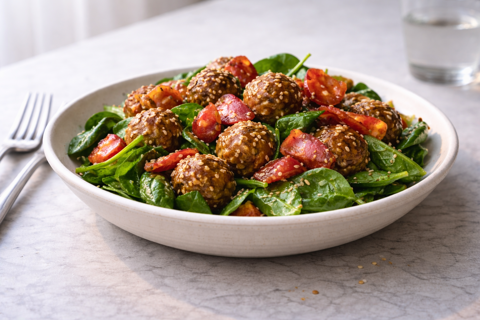 Spinach salad with Asian-style meatballs and crispy ham prepared as a bold, flavorful dinner salad