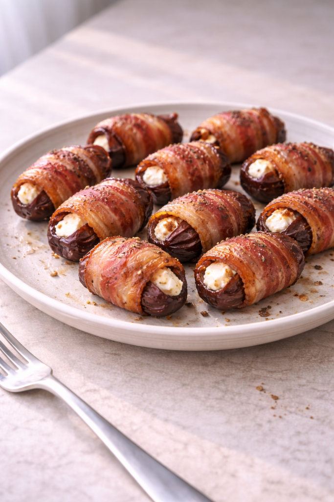 Salty-sweet stuffed dates with crispy bacon, an easy small-batch appetizer made with few ingredients for quick entertaining.