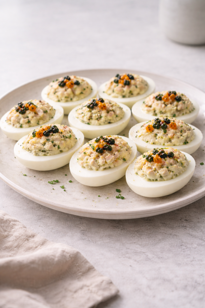 Stuffed eggs with caviar spread prepared as a quick and easy Easter appetizer.