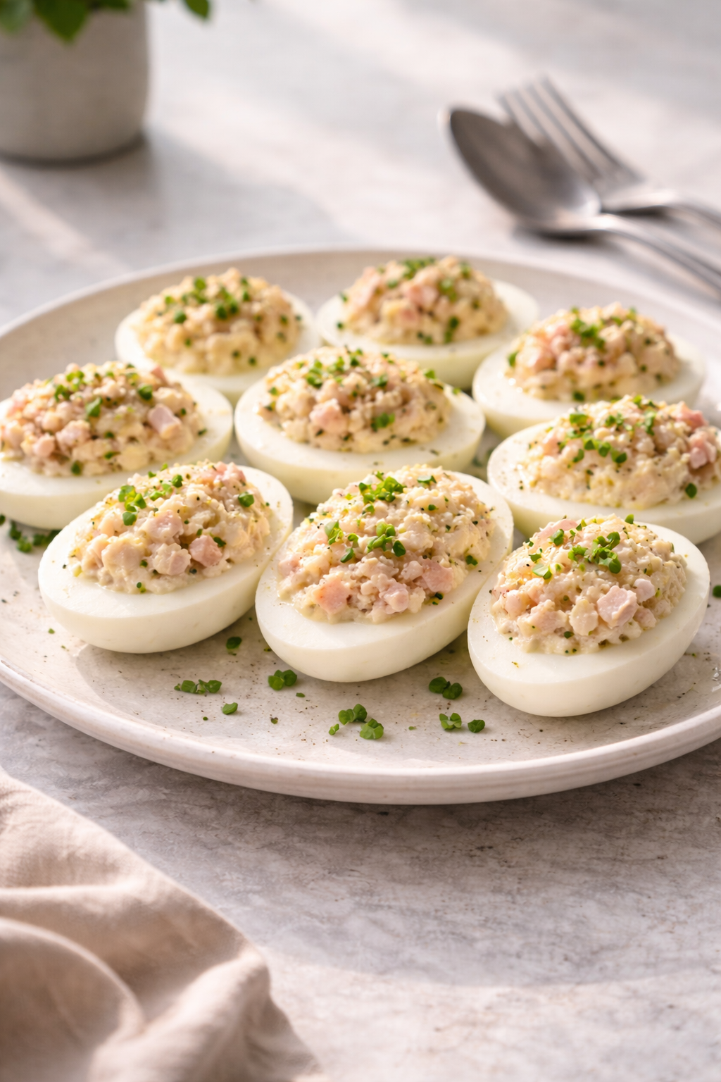 Stuffed eggs with ham prepared as a quick and easy Easter appetizer for a traditional holiday table.