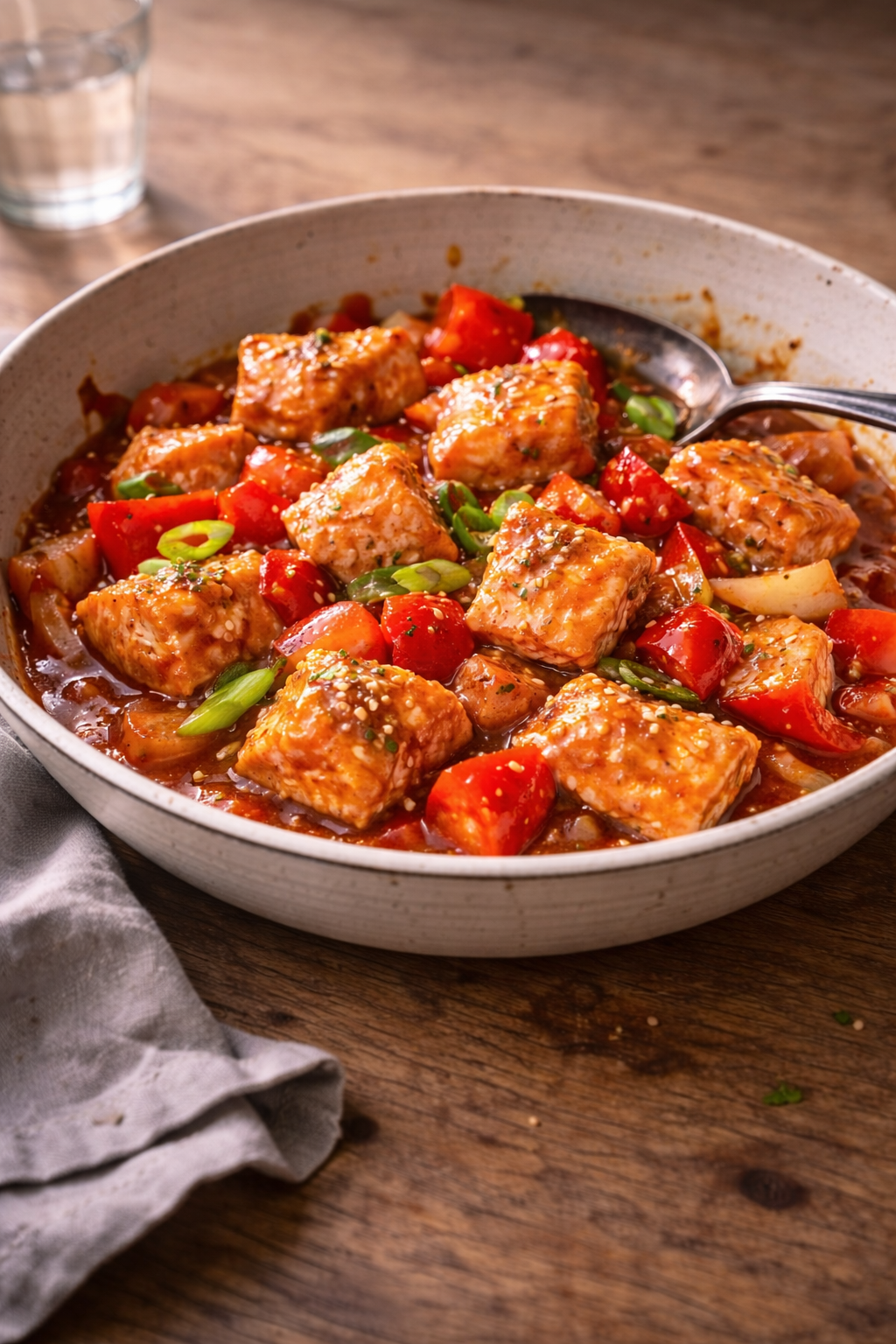 Sweet and sour salmon cooked quickly for an easy dinner with balanced flavours