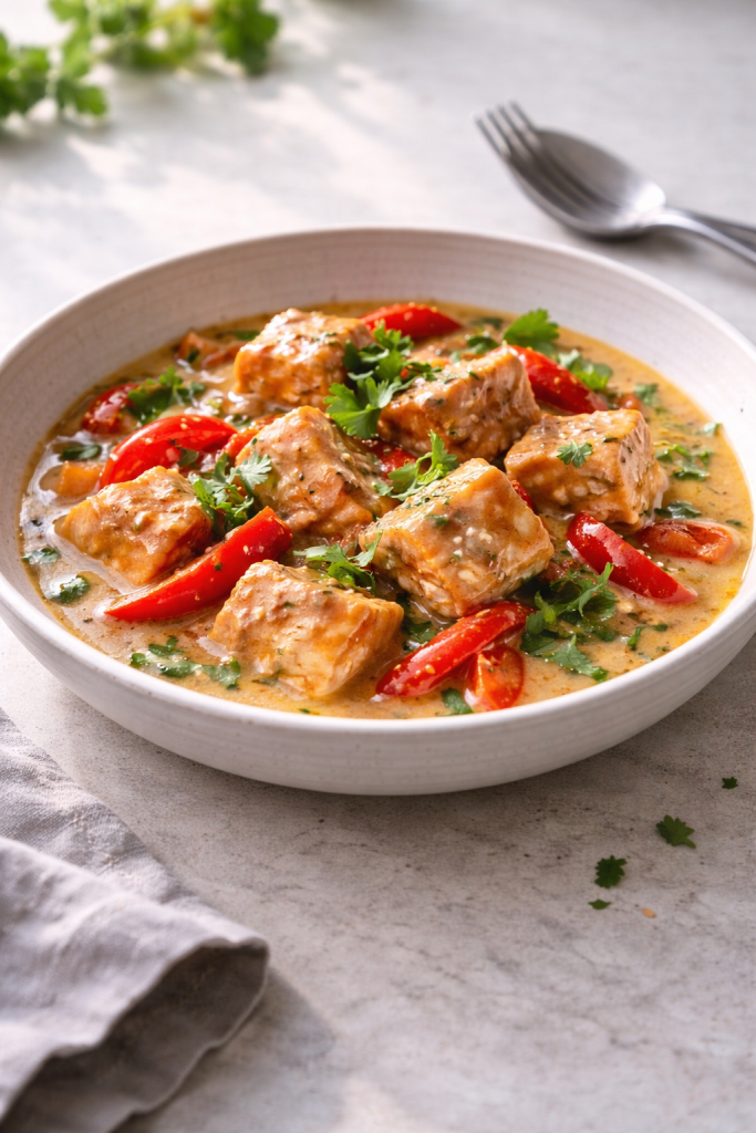 Thai-style coconut salmon curry cooked quickly for an easy, comforting dinner