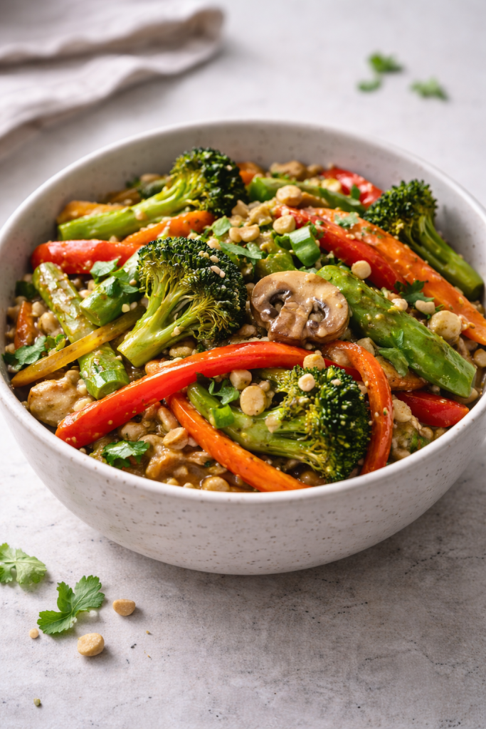 Thai vegetable stir-fry served in a bowl with crisp colorful vegetables and bold sauce