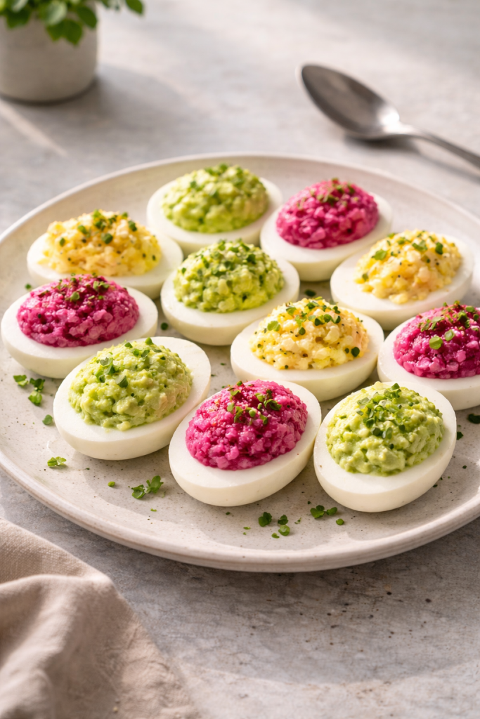 Three-color stuffed eggs prepared as a quick and easy Easter appetizer for a festive table.