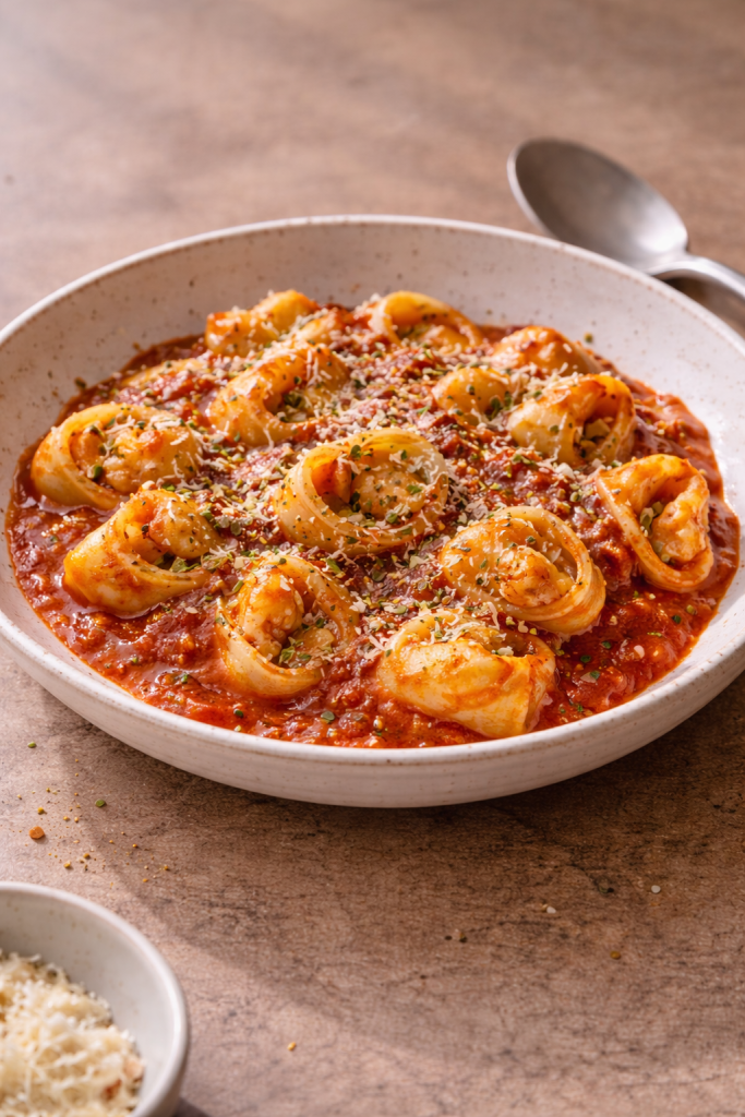 Quick tortelloni in tomato sauce made for a fast, no-stress homemade dinner