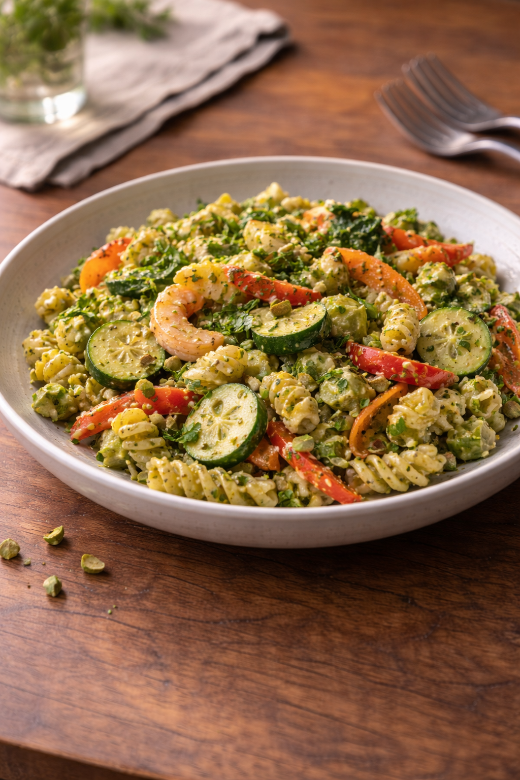 Vegetable pasta salad with pistachio sauce served as a quick, easy meal for busy days