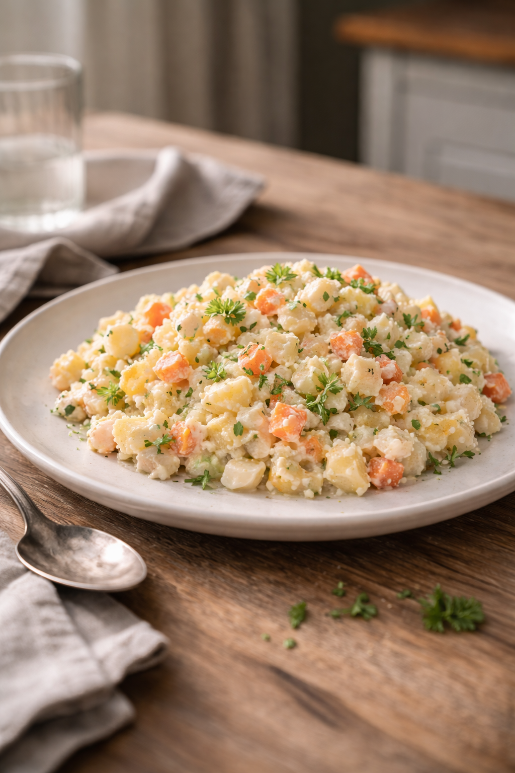 Vegetable salad with apple purée and mayo made ahead for an easy, balanced next-day meal