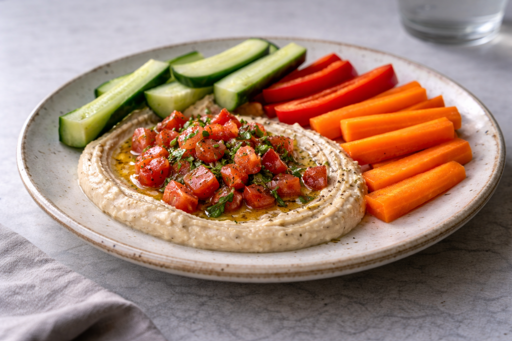 Vegetables with hummus and tomato salsa served as an easy no-cook meal