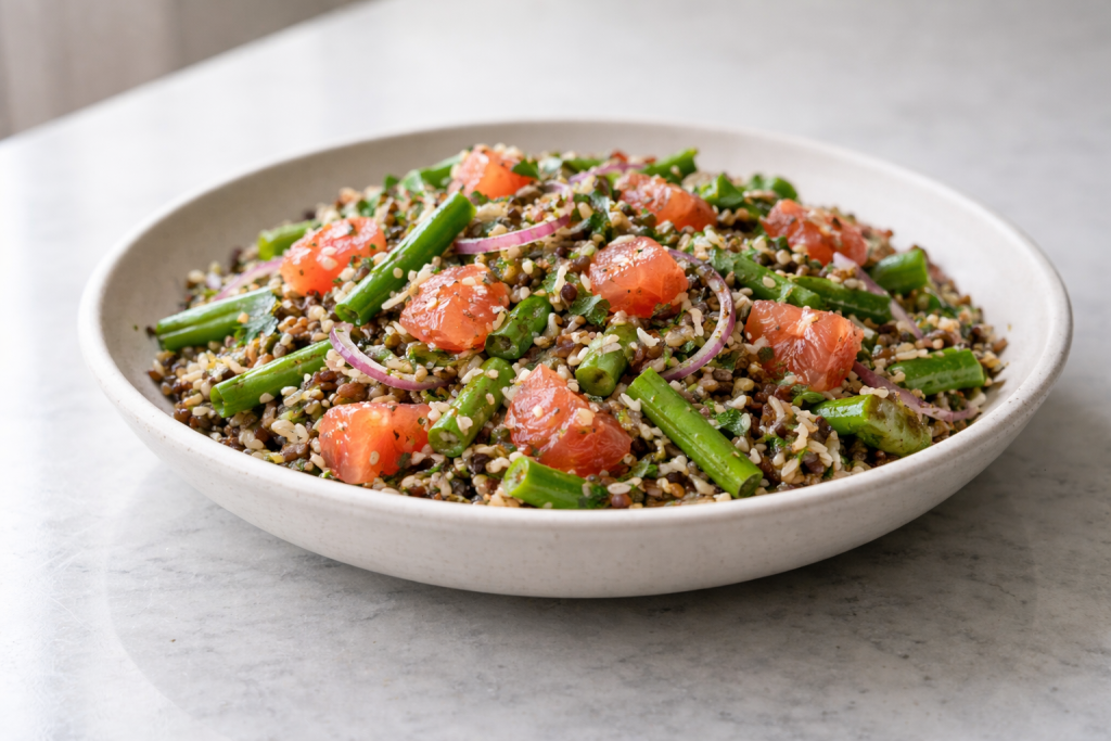 Wild rice salad with citrus prepared as a fresh, filling lunchbox meal that stays flavorful the next day