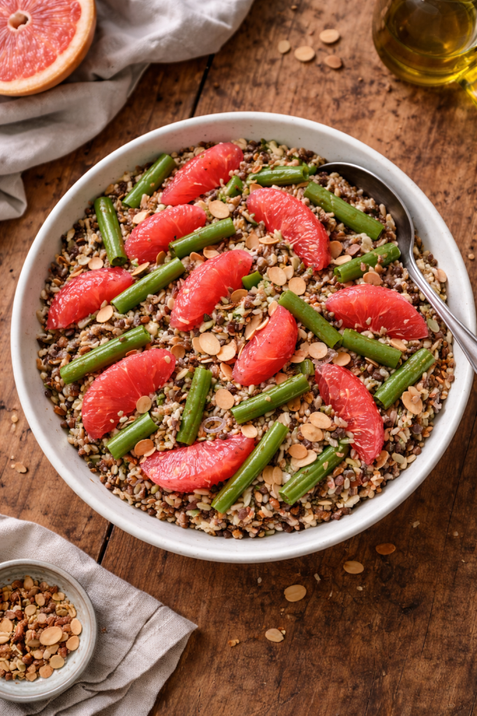 Top view of wild rice salad with grapefruit and green beans served in a bowl for a quick weeknight dinner