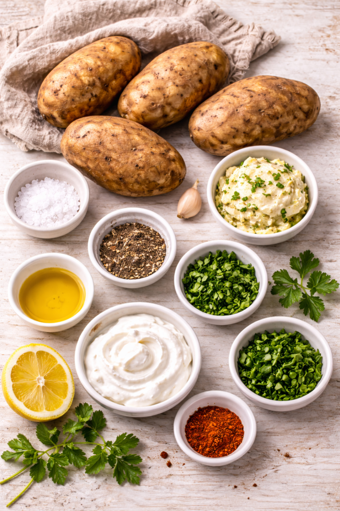 ingredients for crispy air fryer baked potatoes with garlic herb butter on a light wooden table
