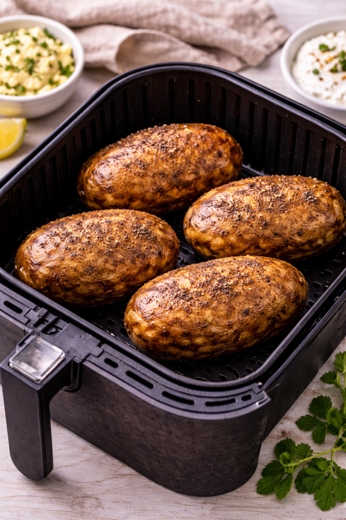 russet potatoes cooking in an air fryer with oil and salt for crispy baked potatoes