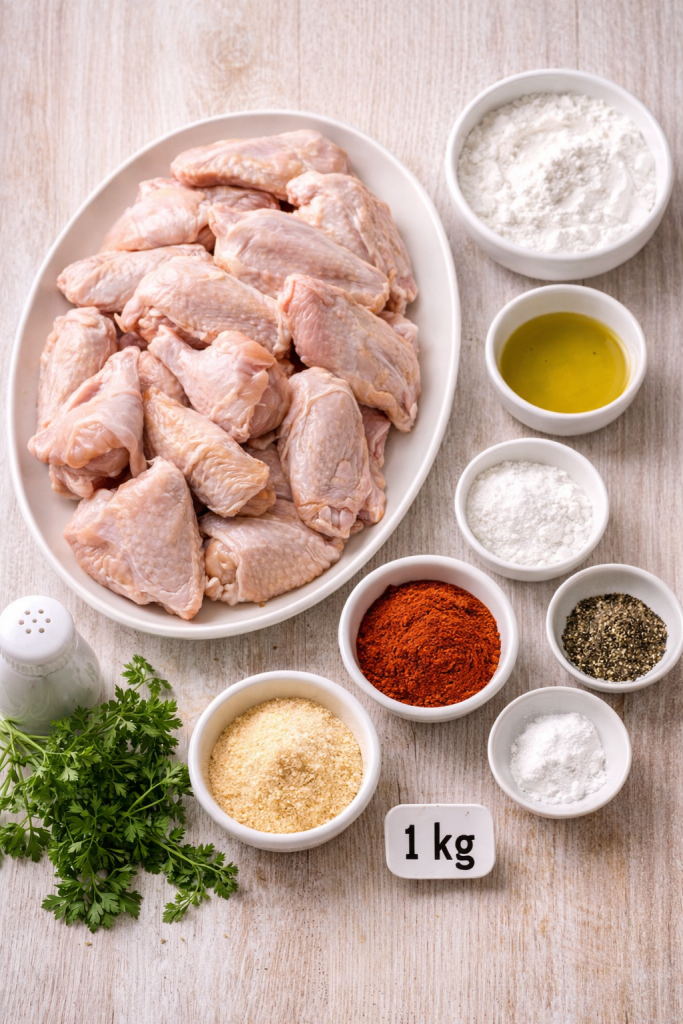 Ingredients for air fryer chicken wings including raw chicken wings, spices, olive oil, and baking powder on a light wooden table
