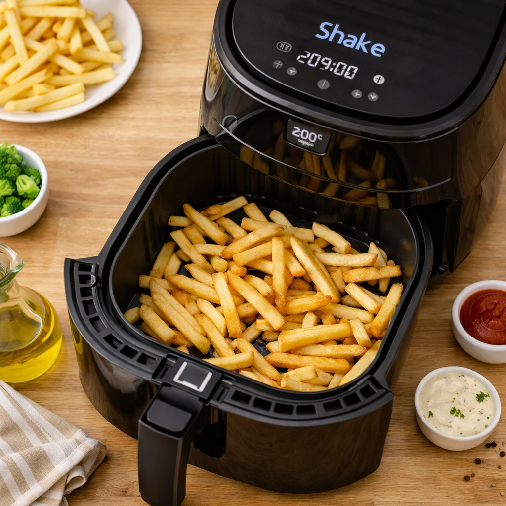 air fryer fries halfway through cooking showing crispy texture