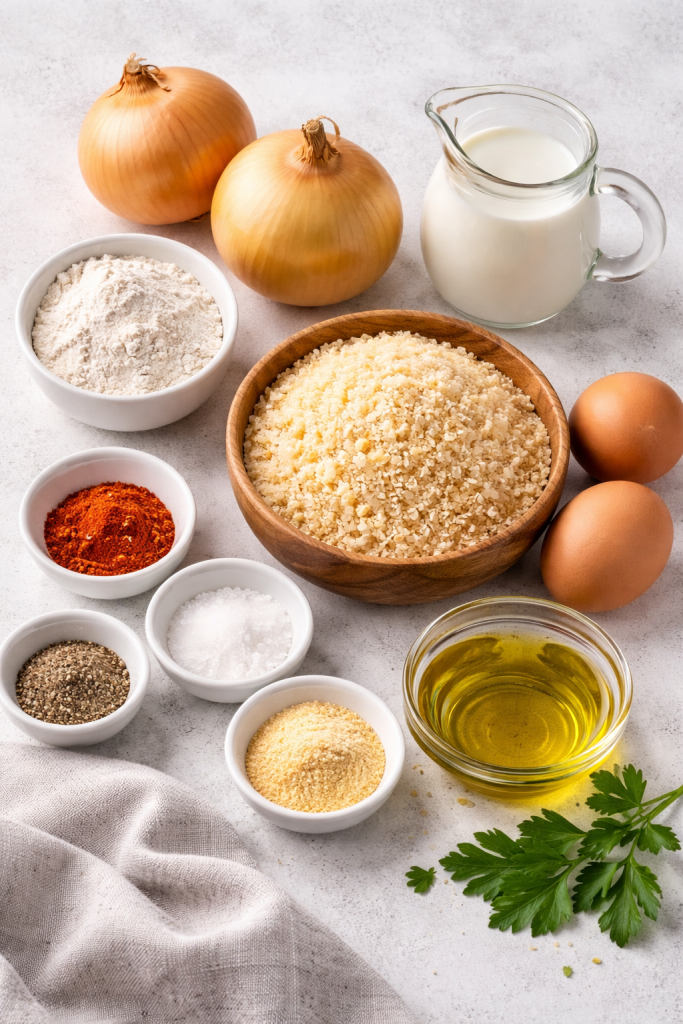 Ingredients for air fryer onion rings arranged on a light surface including onions, flour, eggs, milk, panko and spices