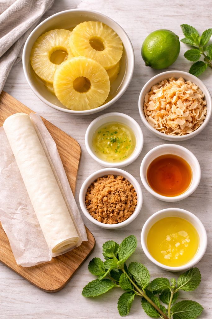 ingredients for air fryer pineapple upside down tart on a light wooden table
