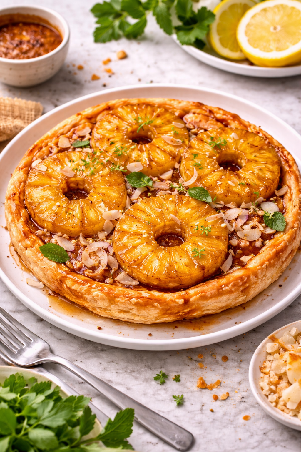 air fryer pineapple upside down tart with caramelized pineapple and puff pastry
